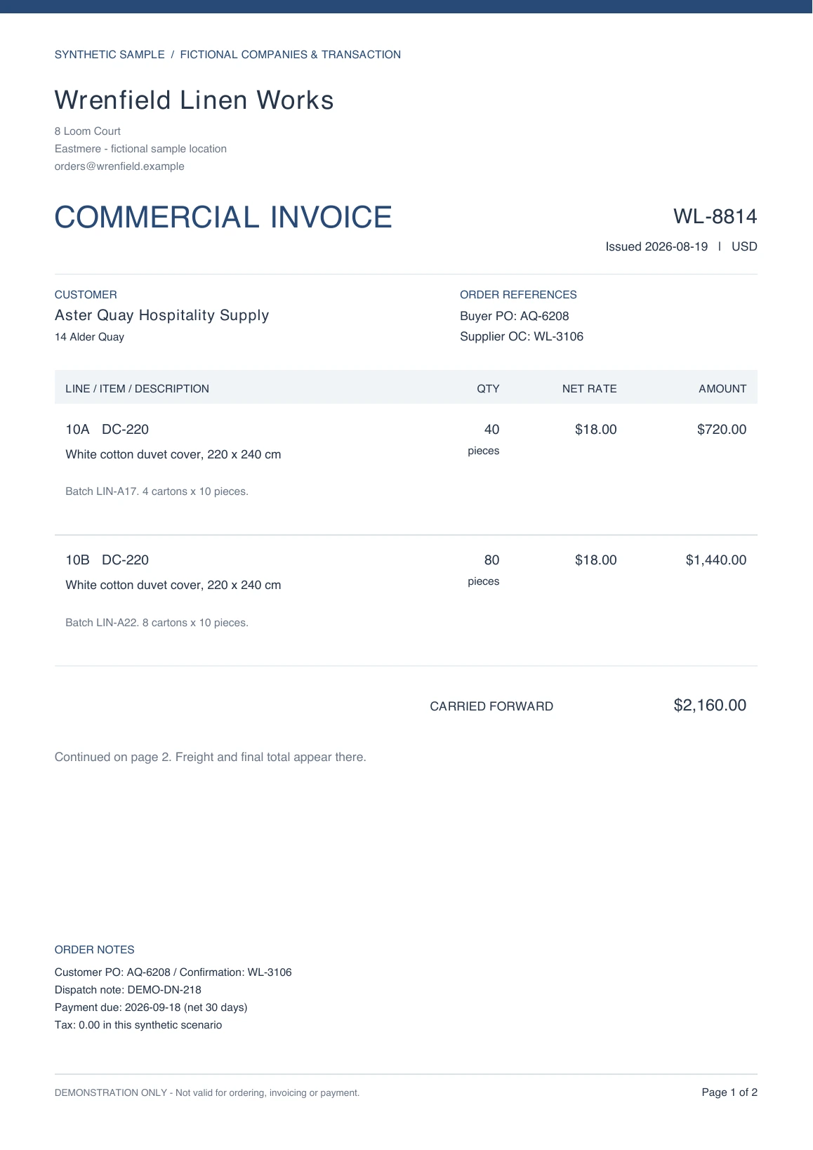 Synthetic Commercial invoice WL-8814, page 1. Selected source rows are highlighted; a text version follows.