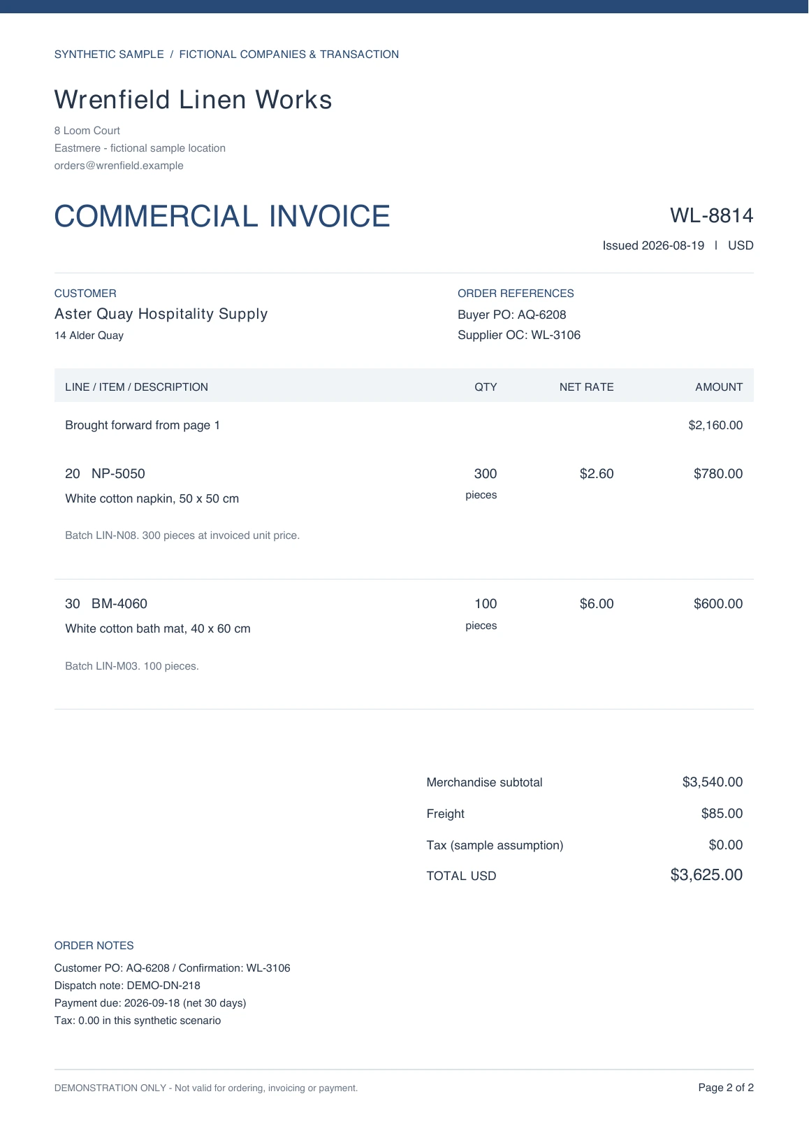 Synthetic Commercial invoice WL-8814, page 2. Selected source rows are highlighted; a text version follows.
