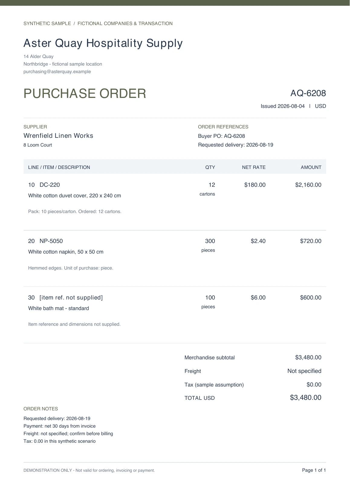 Synthetic Purchase order AQ-6208, page 1. Selected source rows are highlighted; a text version follows.